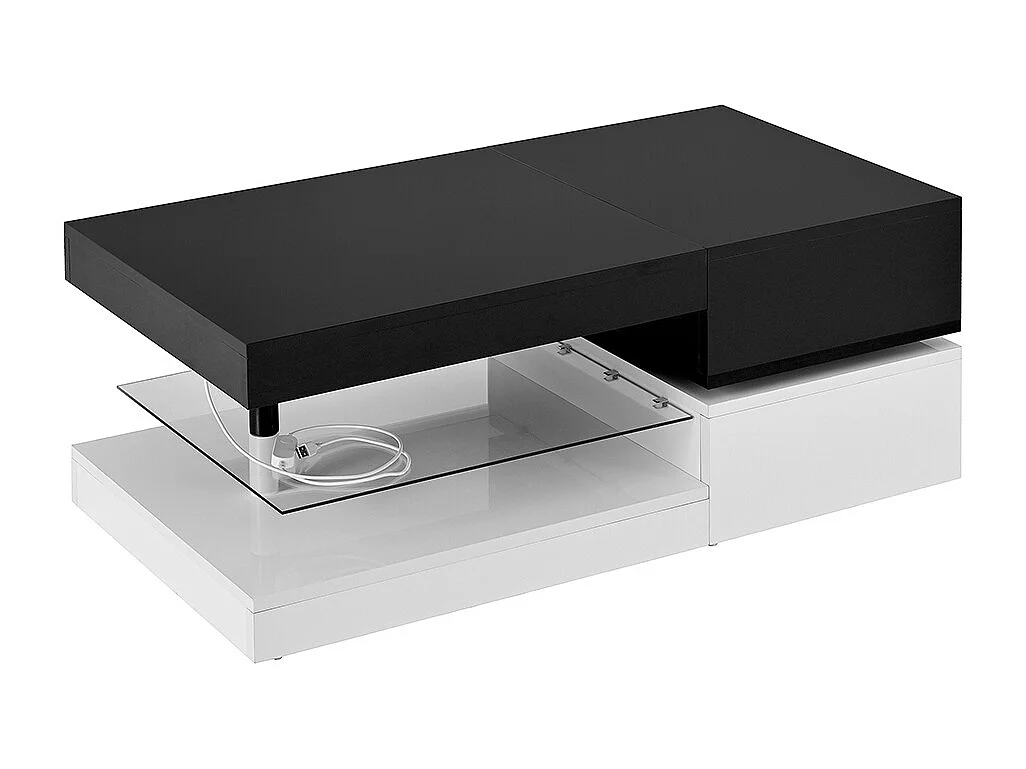 Table basse moderne éclairage LED commande application Bluetooth plateau verre brillant noir blanc salon