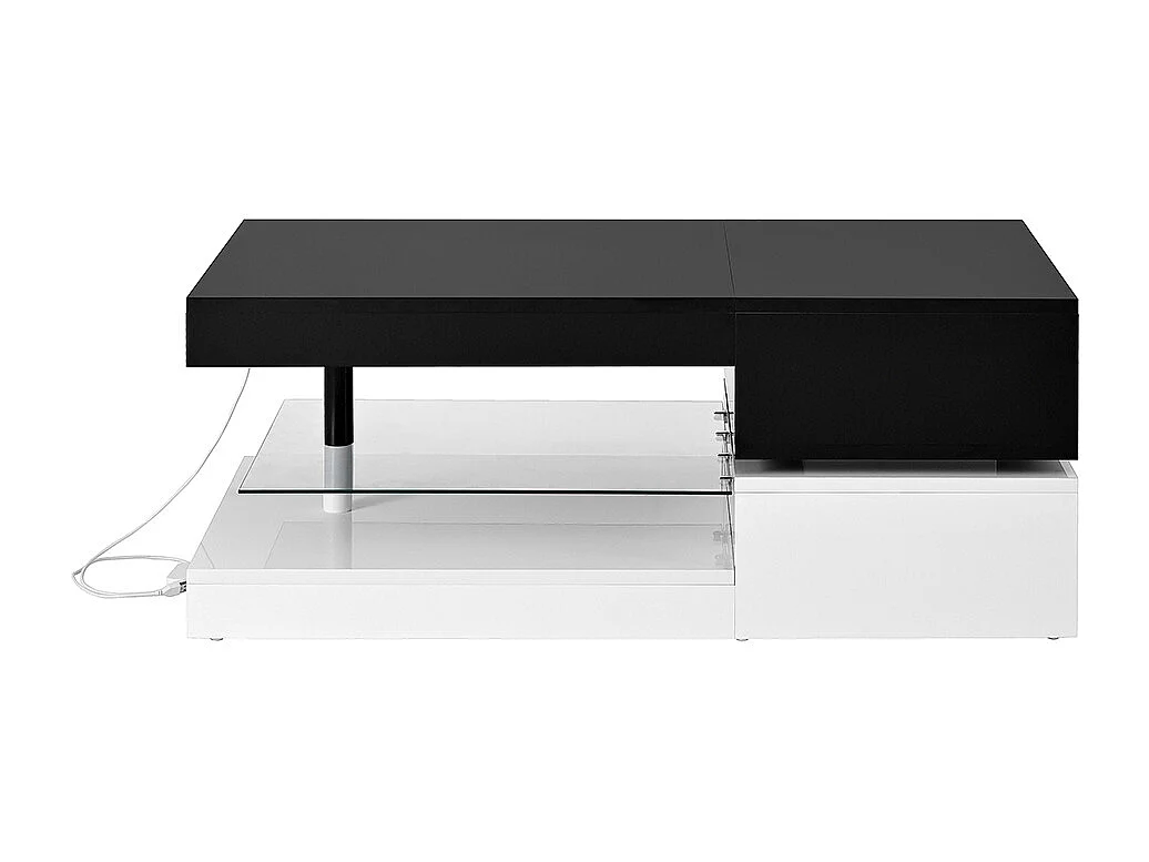 Table basse moderne éclairage LED commande application Bluetooth plateau verre brillant noir blanc salon