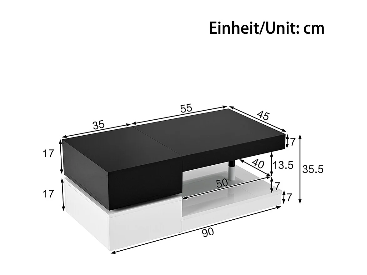 Table basse moderne éclairage LED commande application Bluetooth plateau verre brillant noir blanc salon