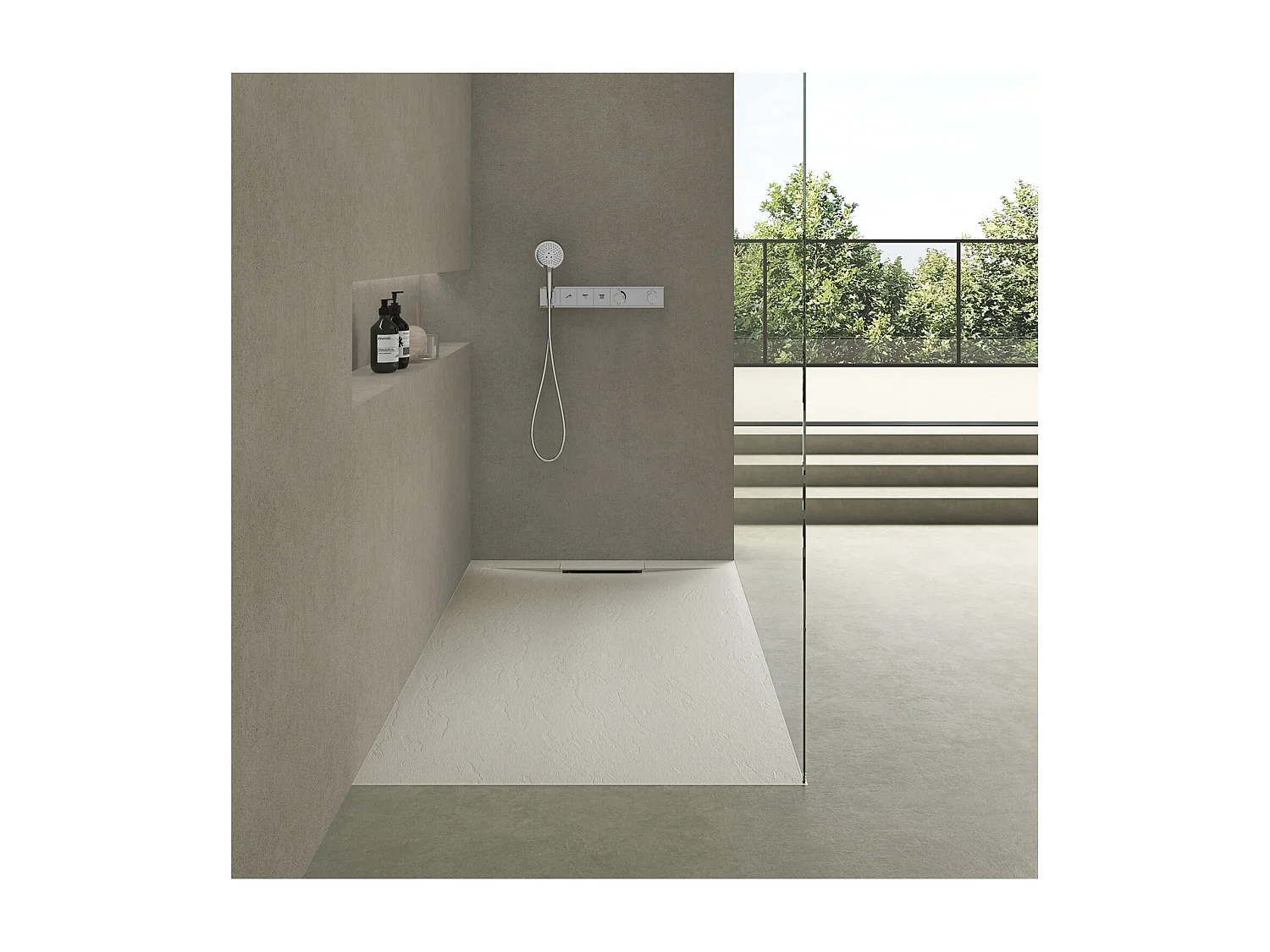 ONA extra vlakke douchebak met zandkleurige leisteenlook 90x90