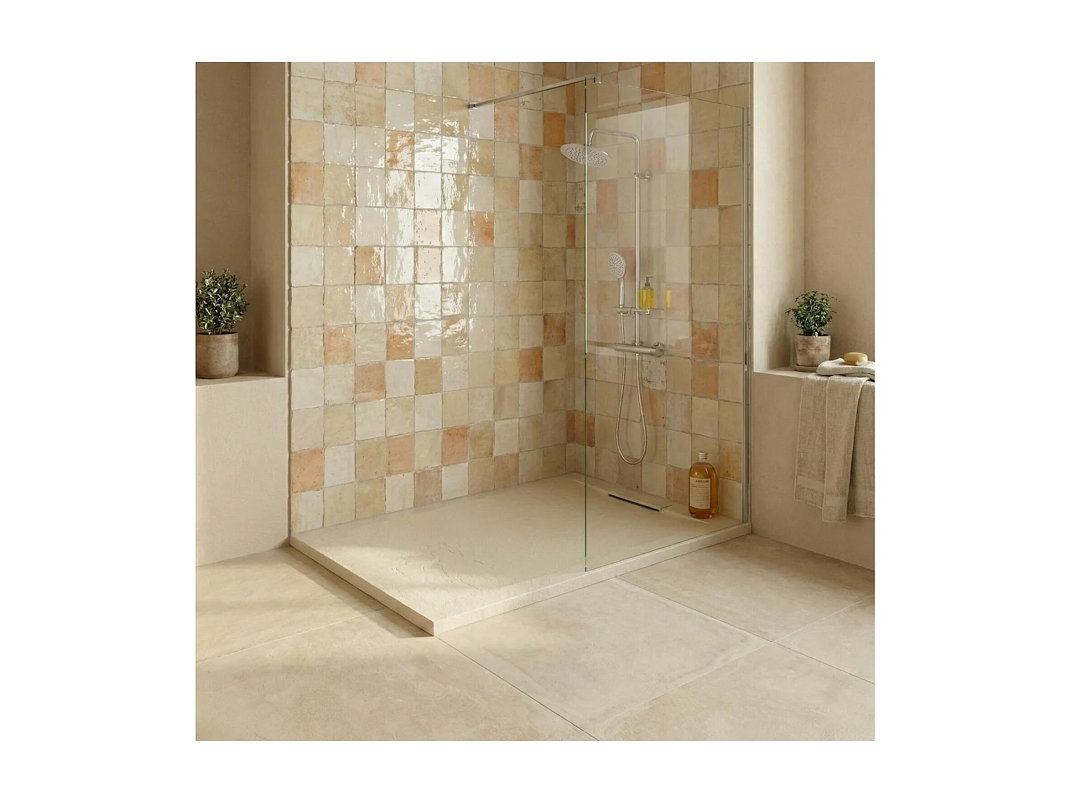 ONA extra vlakke douchebak met zandkleurige leisteenlook 90x90