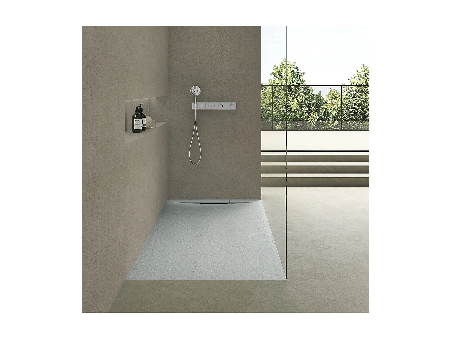 ONA extra vlakke douchebak in lichtgrijze steenlook 90x90