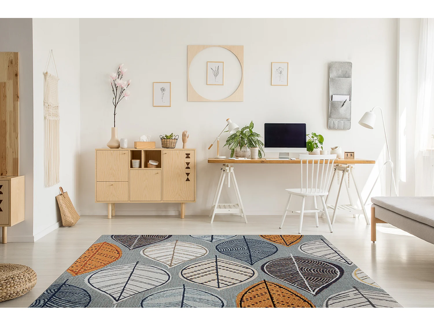 Tapis moderne MUNDO E0641 feuilles extérieur bleu / beige 140x190 cm