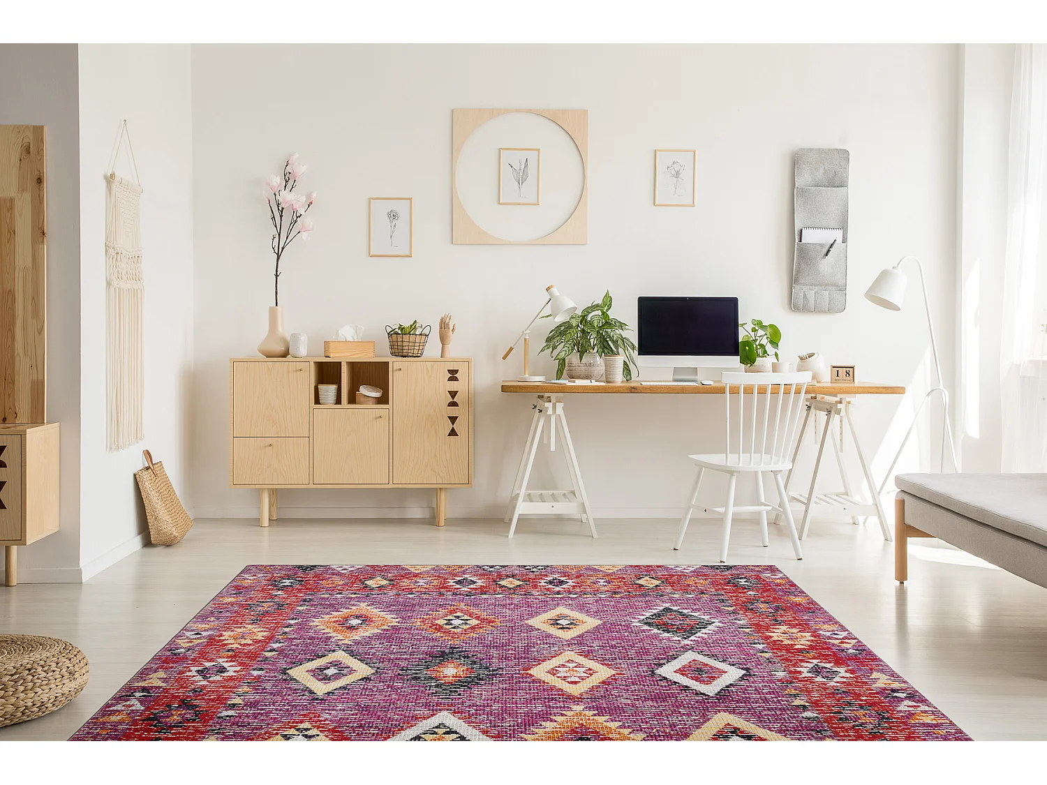 Modern tapijt MUNDO D7701 diamonds boho outdoor roze / beige 80x250 cm