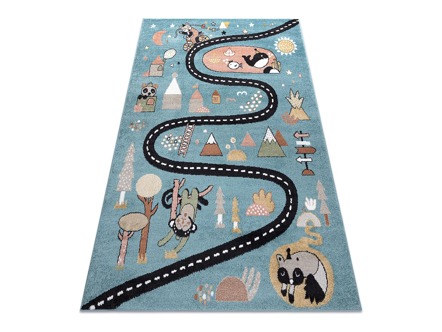 Tapijt FUN Route voor kinderen, straat, dieren blauw 200x290 cm
