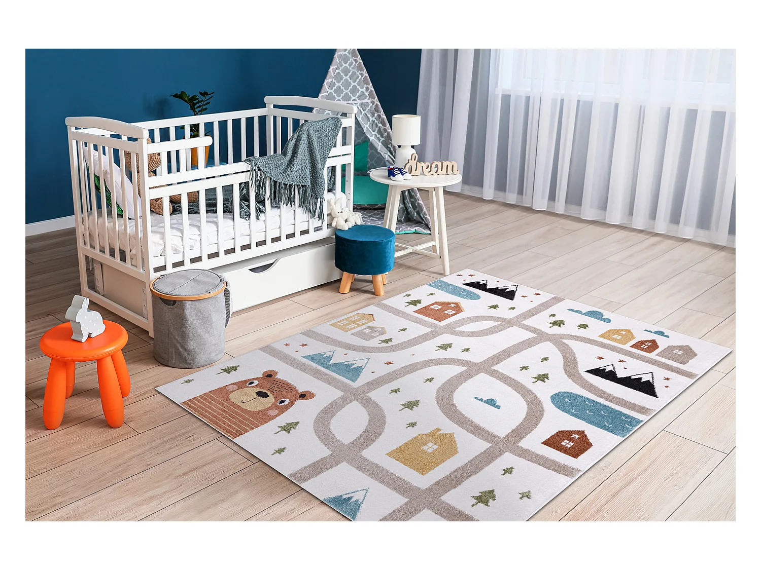 Tappeto FUN Polar per bambini strade, boschi, crema 200x290 cm