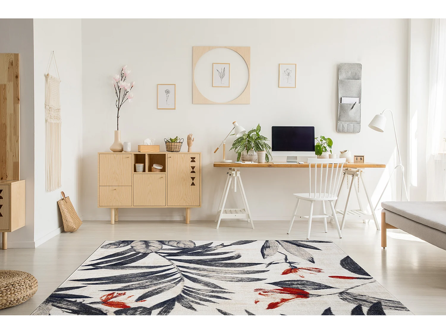 Modern tapijt MUNDO E7181 bladeren outdoor beige / blauw 140x190 cm