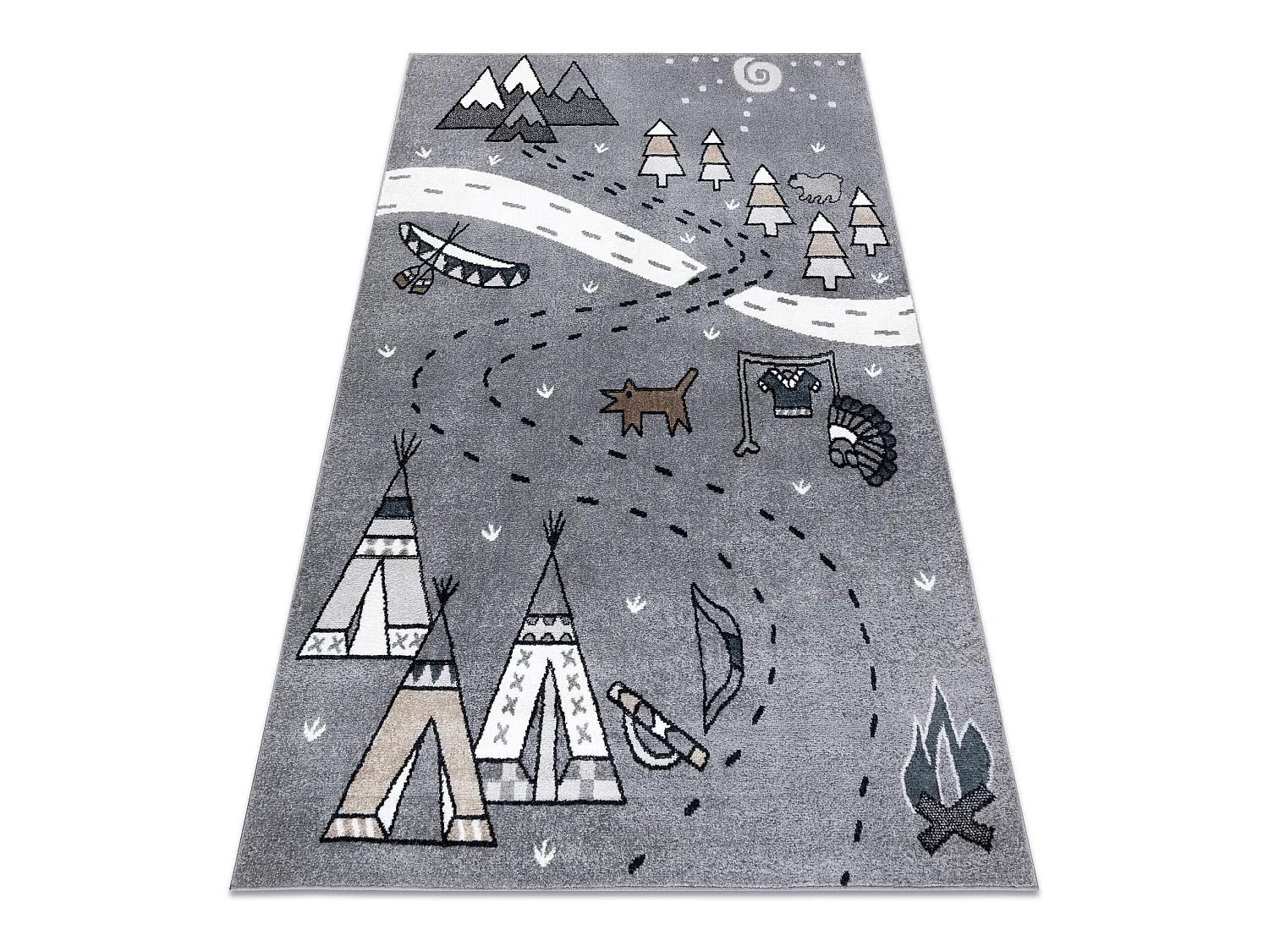 Tapis FUN Indian pour enfants, village indien, animaux gris 200x290 cm
