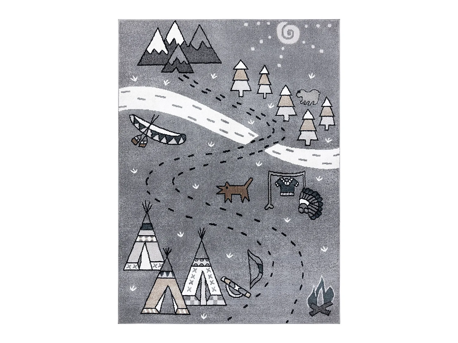 Tapis FUN Indian pour enfants, village indien, animaux gris 200x290 cm