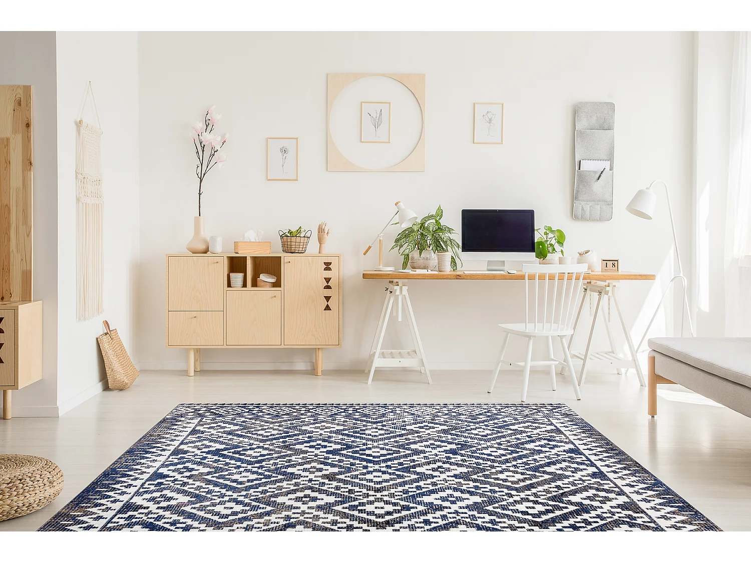 Modern tapijt MUNDO E0561 diamonds, zigzag 3D outdoor blauw / beige 80x150 cm