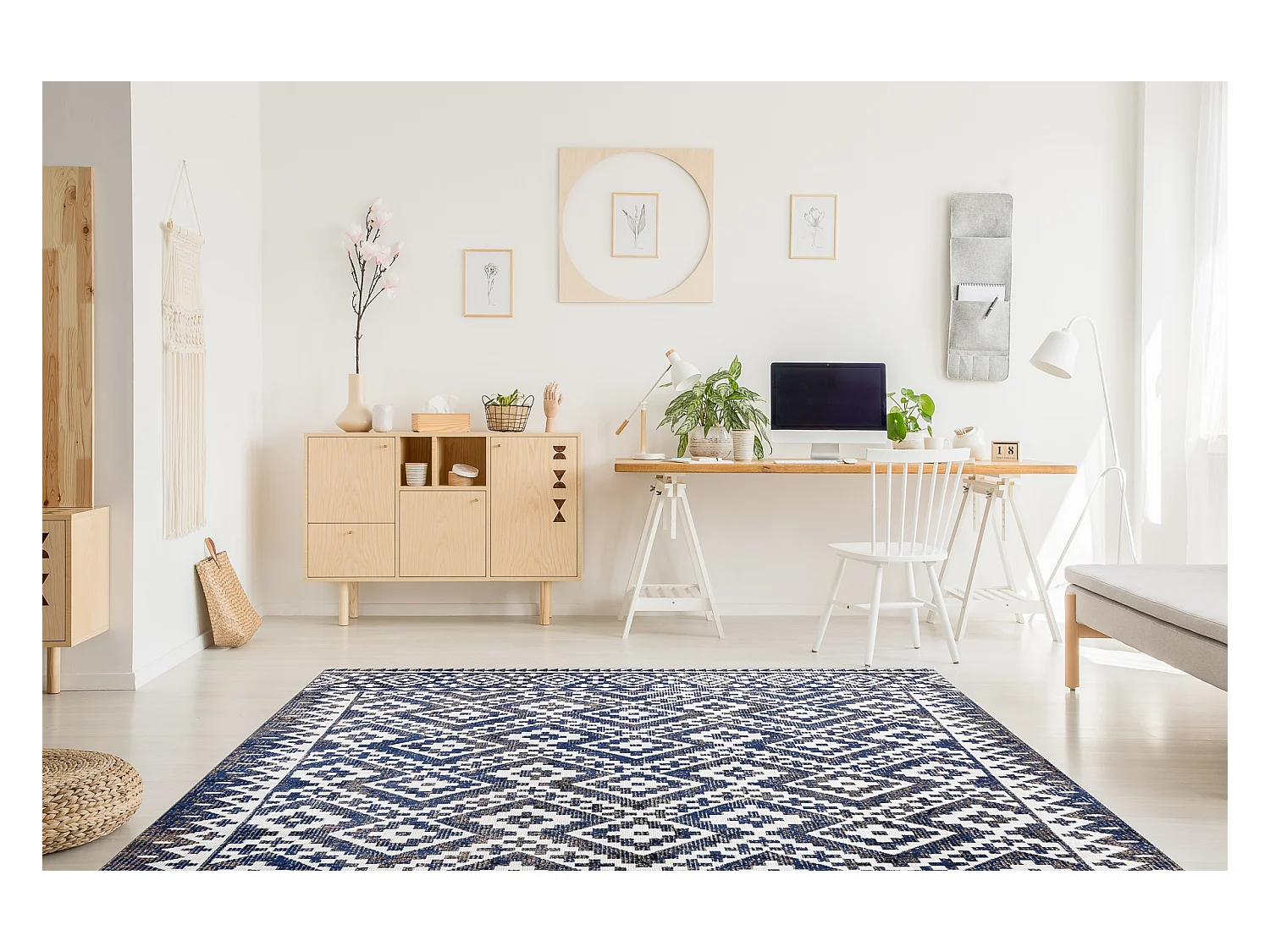 Tapis moderne MUNDO E0561 diamants, zigzag 3D extérieur bleu / beige 80x150 cm