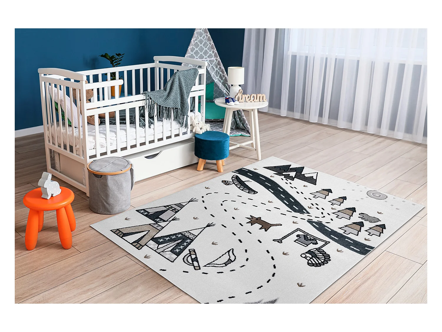 Tapis FUN Indian pour enfants, village indien, animaux crème 200x290 cm