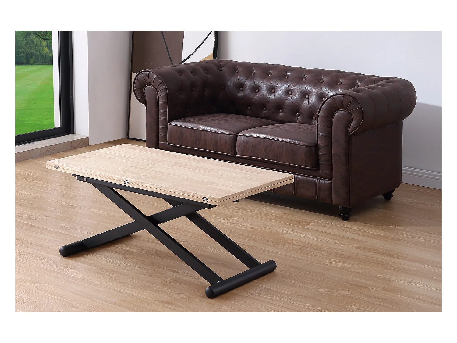 Table basse relevable extensible en bois et métal coloris chêne nordique noir - longueur 110-114 x profondeur 57-110 x hauteur 49-76 cm