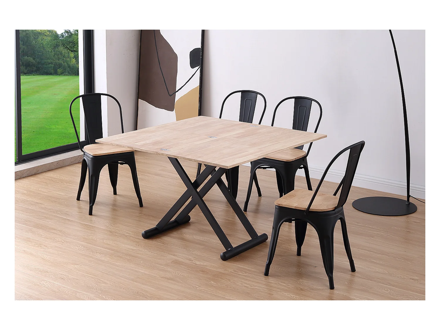 Table basse relevable extensible en bois et métal coloris chêne nordique noir - longueur 110-114 x profondeur 57-110 x hauteur 49-76 cm