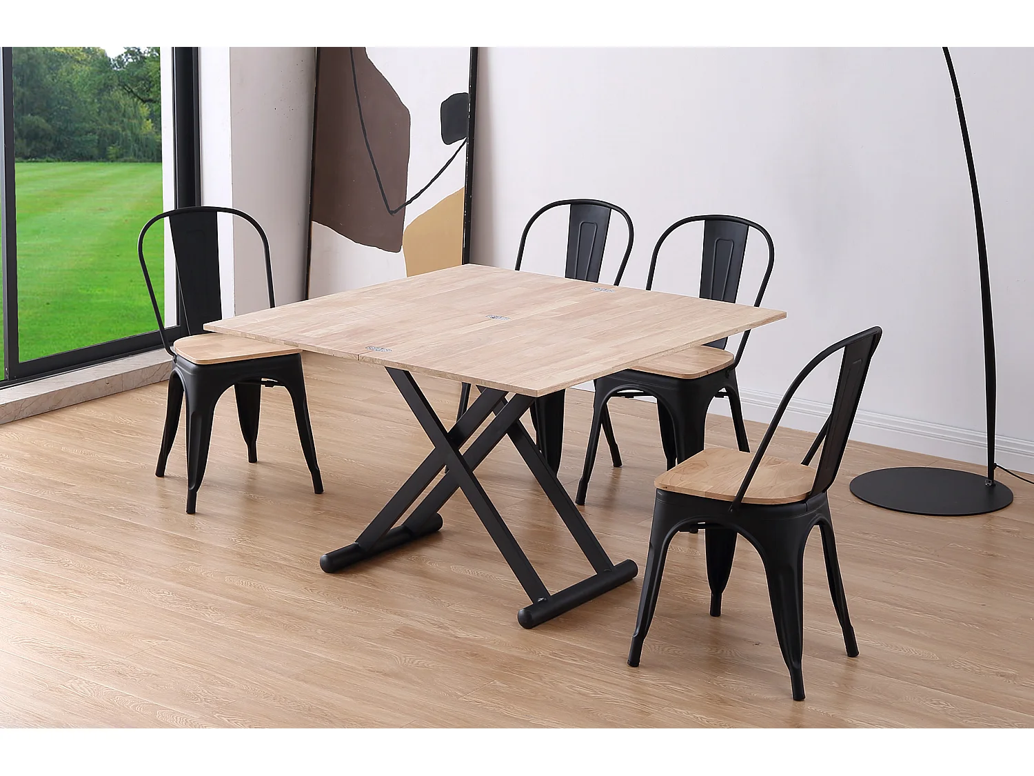 Table basse relevable extensible en bois et métal coloris chêne nordique/ noir - longueur 110-114 x profondeur 57-110 x hauteur 49-76 cm