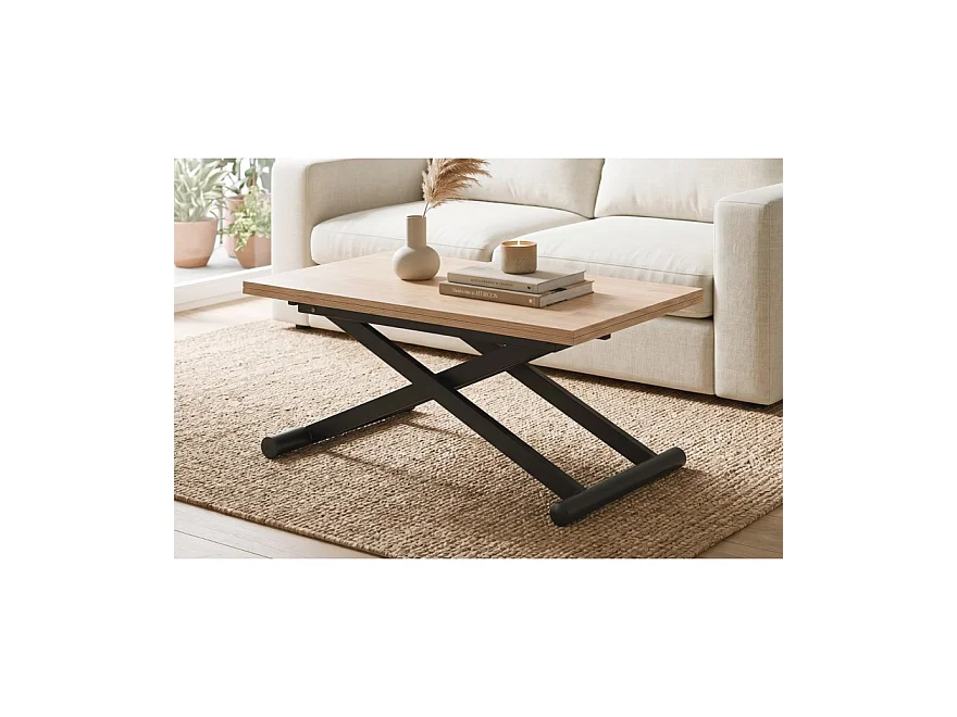 Table basse relevable extensible en bois et métal coloris chêne nordique/ noir - longueur 110-114 x profondeur 57-110 x hauteur 49-76 cm