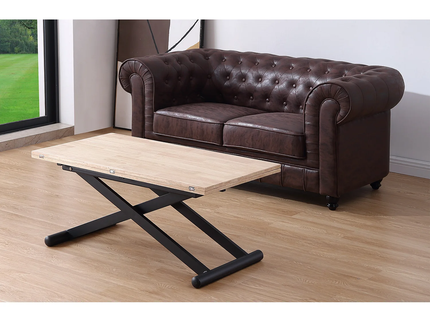 Table basse relevable extensible en bois et métal coloris chêne nordique noir - longueur 110-114 x profondeur 57-110 x hauteur 49-76 cm