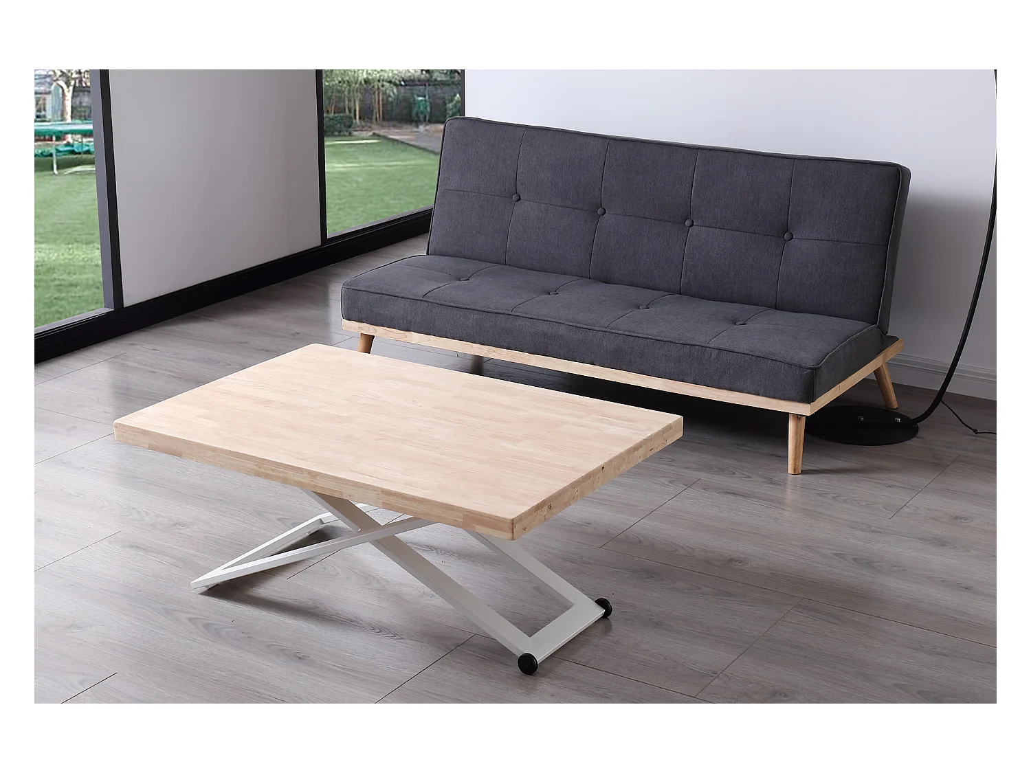 Table basse relevable en bois et métal coloris chêne nordique blanc - longueur 120 x profondeur 80 x hauteur 49 -76 cm