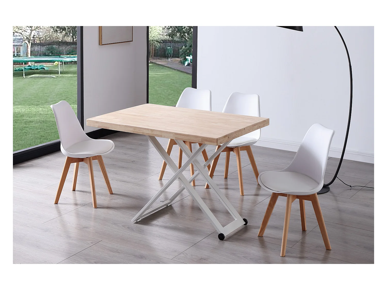 Table basse relevable en bois et métal coloris chêne nordique blanc - longueur 120 x profondeur 80 x hauteur 49 -76 cm