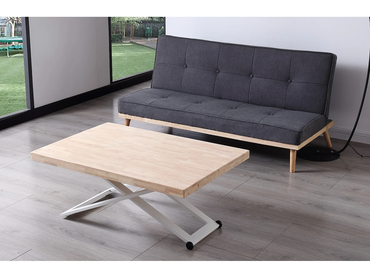 Table basse relevable en bois et métal coloris chêne nordique blanc - longueur 120 x profondeur 80 x hauteur 49 -76 cm