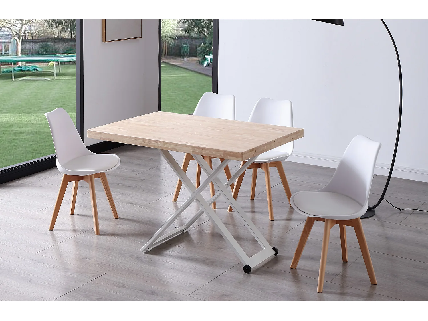 Table basse relevable en bois et métal coloris chêne nordique blanc - longueur 120 x profondeur 80 x hauteur 49 -76 cm