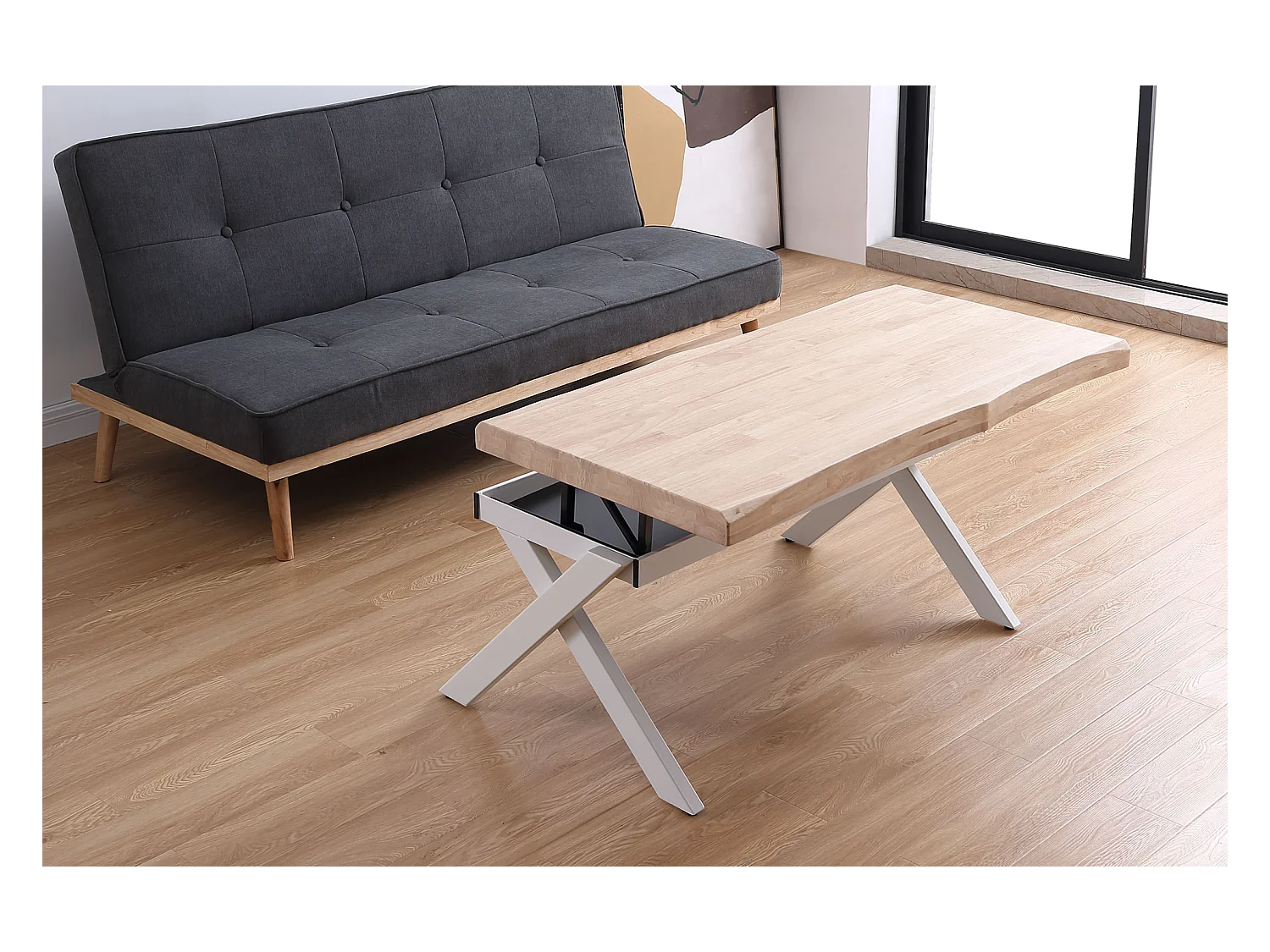 Table basse relevable en bois et métal coloris chêne nordique blanc - longueur 120 x profondeur 66 x hauteur 47-62 cm