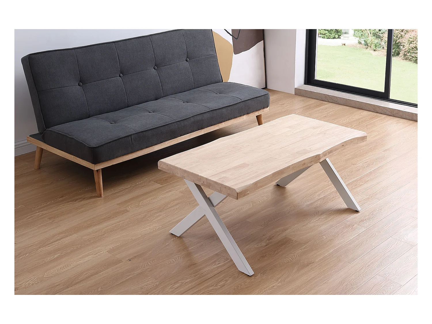 Table basse relevable en bois et métal coloris chêne nordique blanc - longueur 120 x profondeur 66 x hauteur 47-62 cm