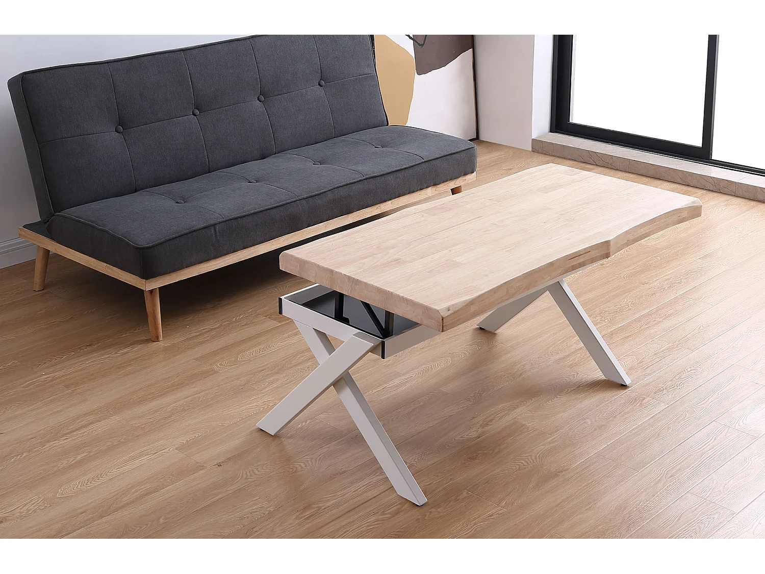 Table basse relevable en bois et métal coloris chêne nordique blanc - longueur 120 x profondeur 66 x hauteur 47-62 cm