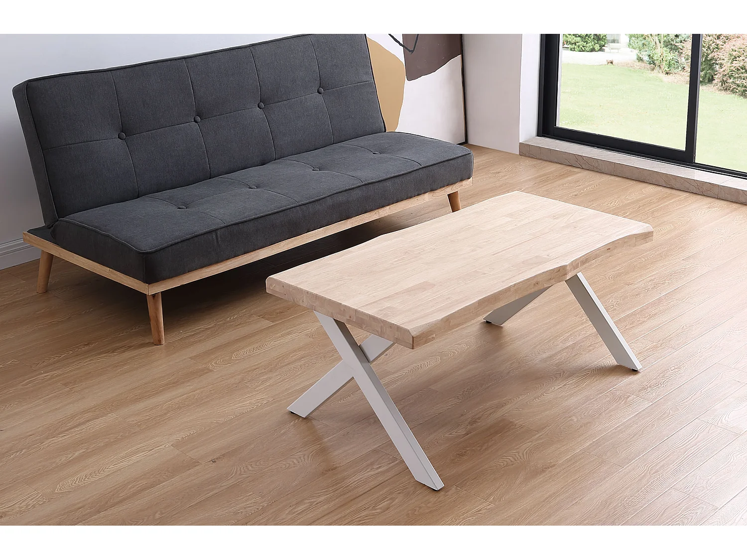 Table basse relevable en bois et métal coloris chêne nordique blanc - longueur 120 x profondeur 66 x hauteur 47-62 cm