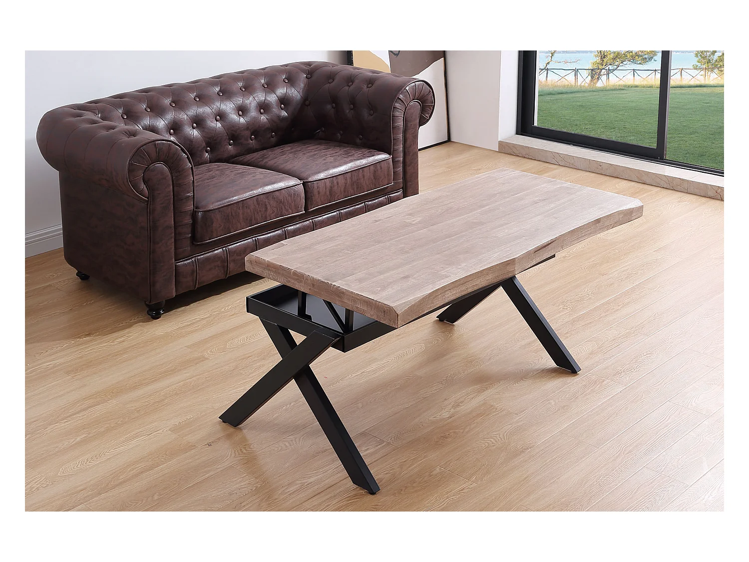 Table basse relevable en bois et métal coloris chêne miel noir - longueur 120 x profondeur 66 x hauteur 47-62 cm
