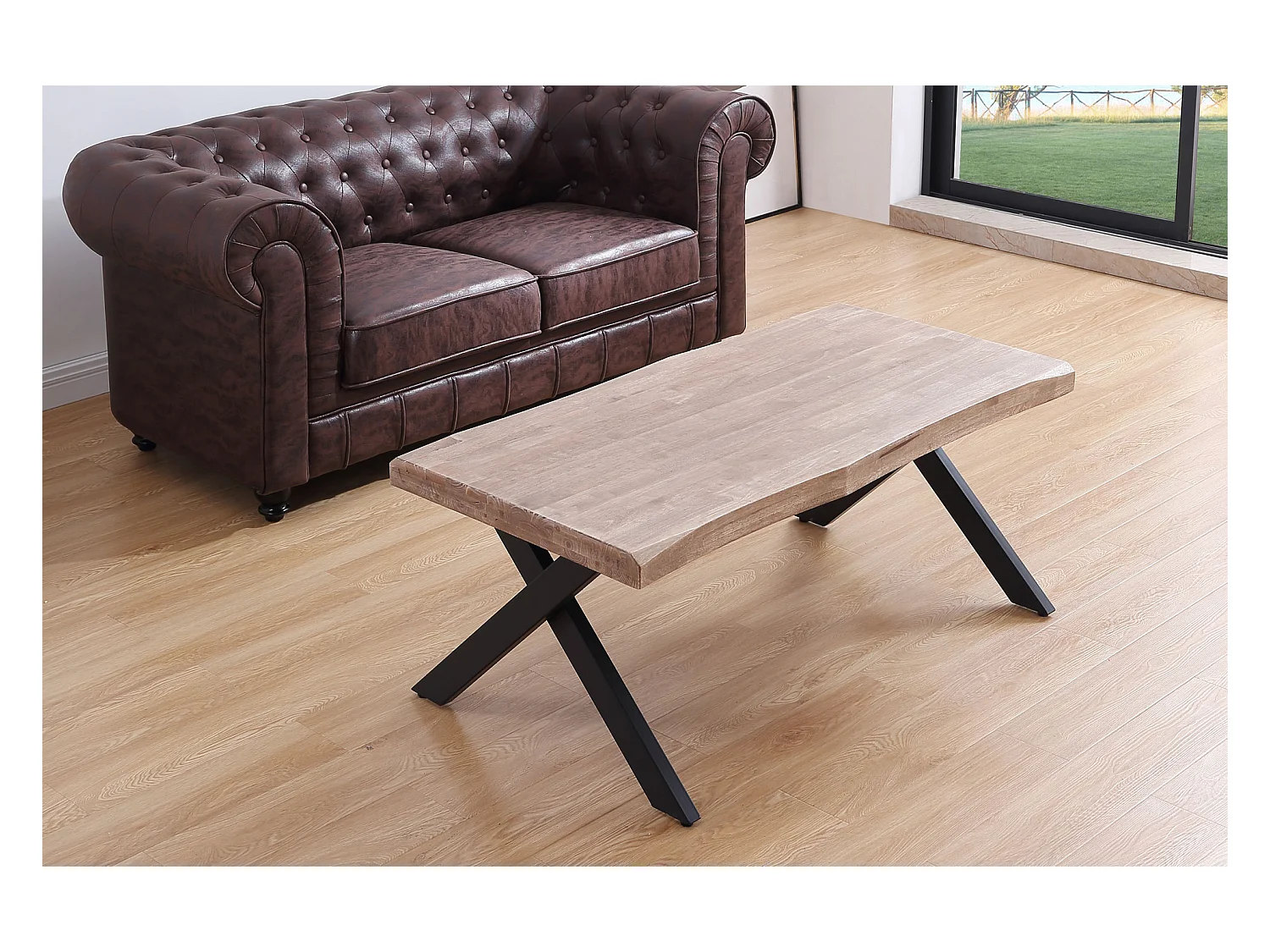 Table basse relevable en bois et métal coloris chêne miel noir - longueur 120 x profondeur 66 x hauteur 47-62 cm