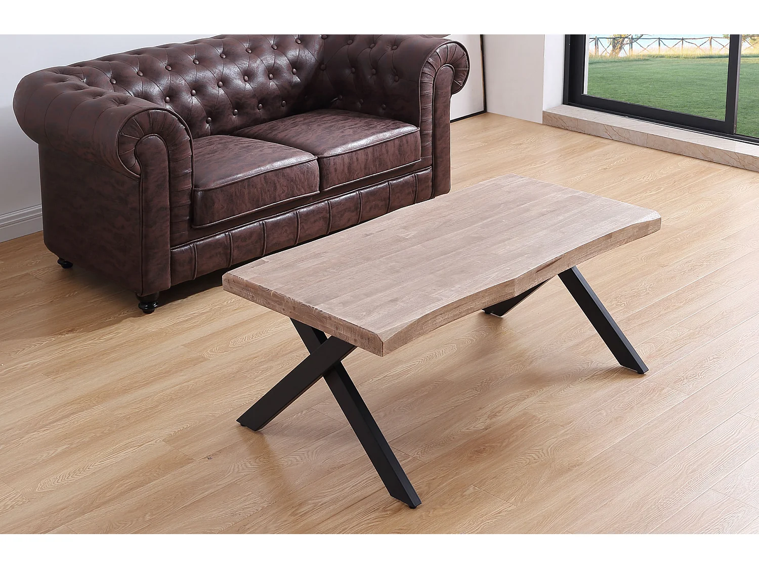 Table basse relevable en bois et métal coloris chêne miel noir - longueur 120 x profondeur 66 x hauteur 47-62 cm