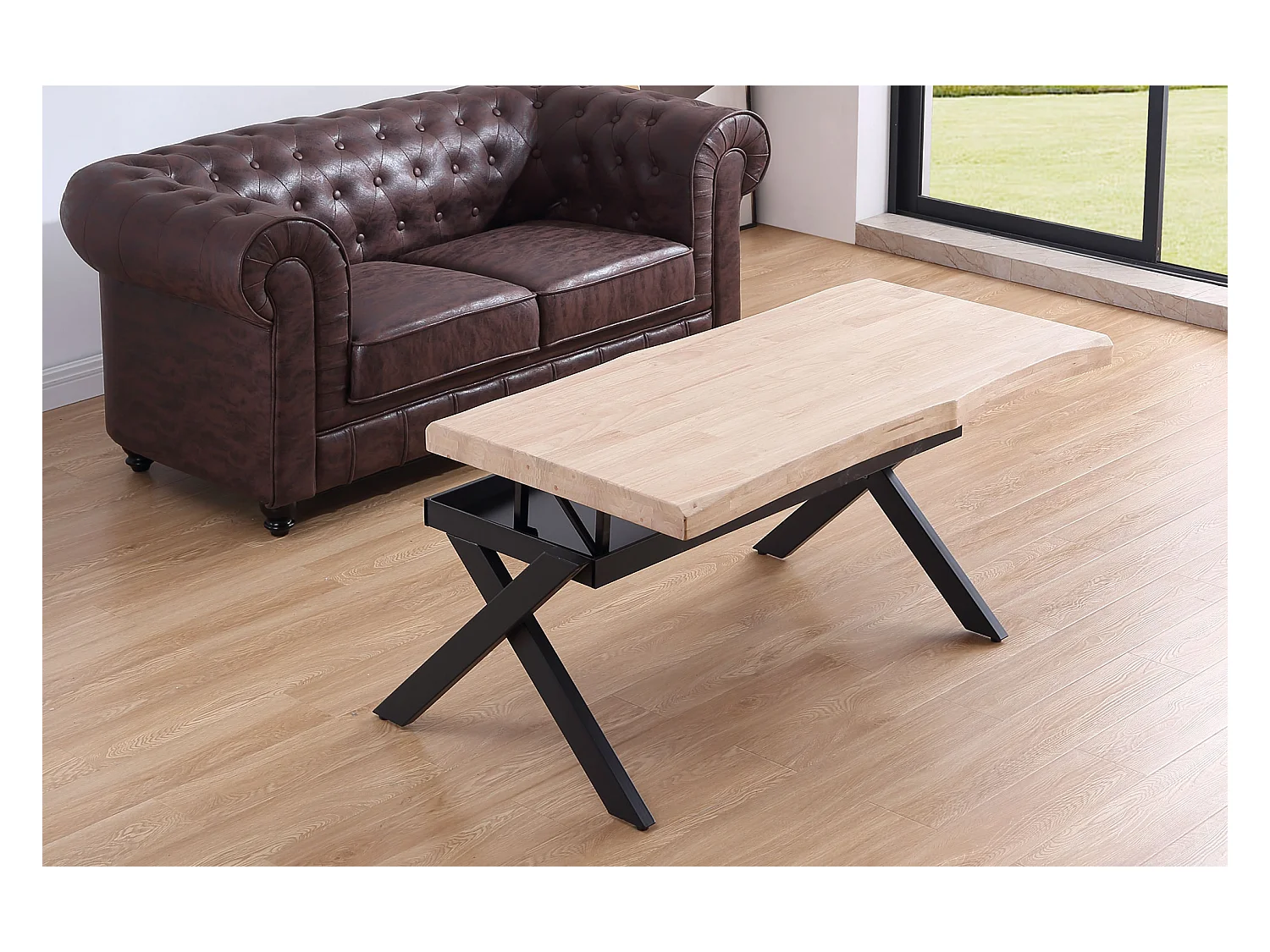 Table basse relevable en bois et métal coloris chêne nordique noir - longueur 120 x profondeur 66 x hauteur 47-62 cm