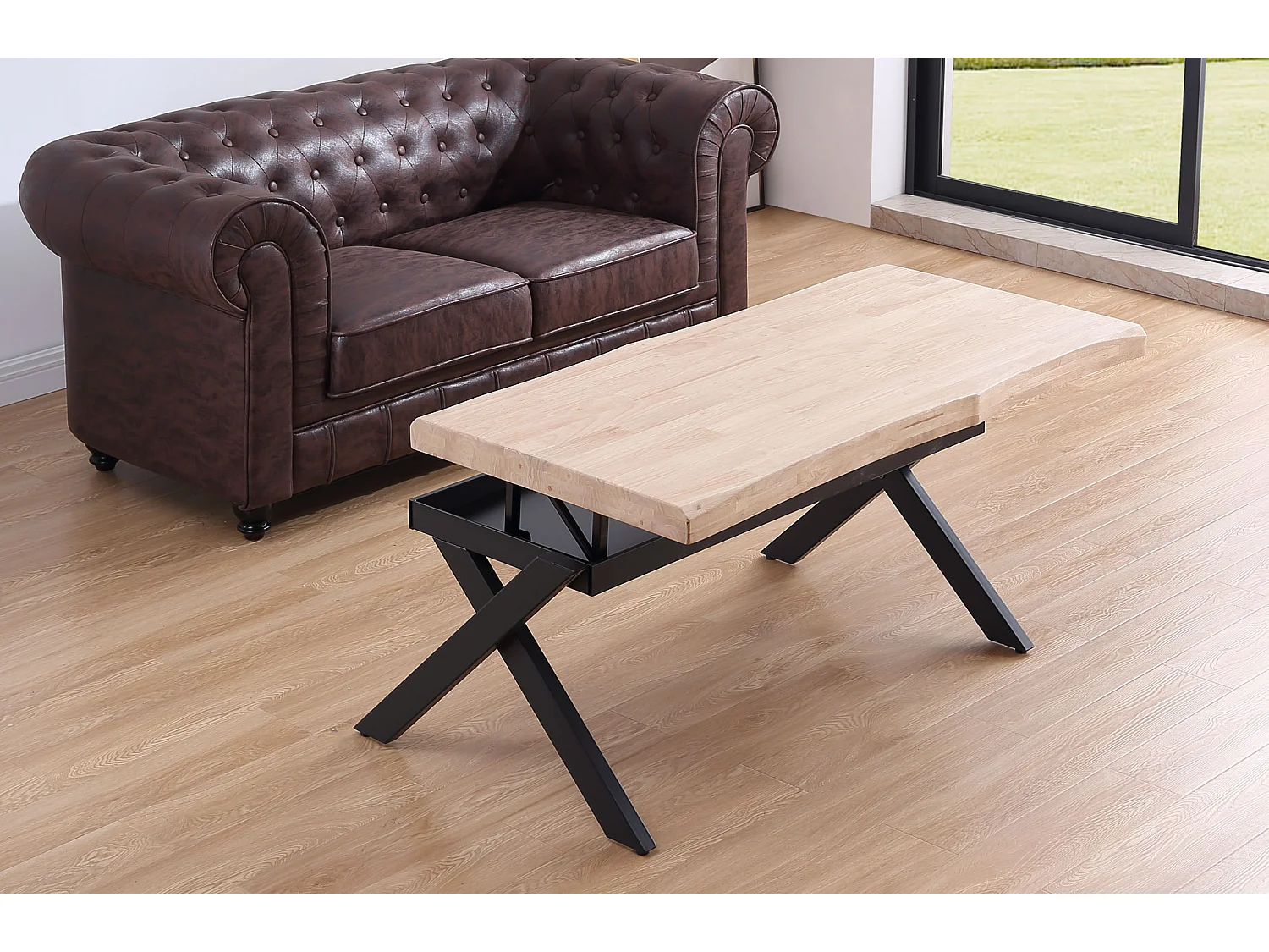 Table basse relevable en bois et métal coloris chêne nordique noir - longueur 120 x profondeur 66 x hauteur 47-62 cm