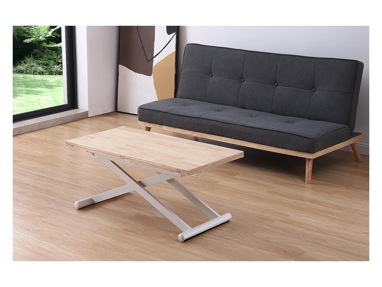 Table basse relevable extensible en bois et métal coloris chêne nordique blanc - longueur 110-114 x profondeur 57 x hauteur 49-76 cm