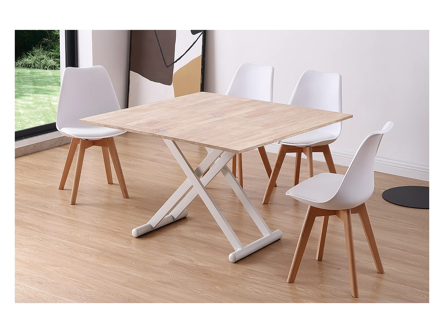 Table basse relevable extensible en bois et métal coloris chêne nordique blanc - longueur 110-114 x profondeur 57 x hauteur 49-76 cm