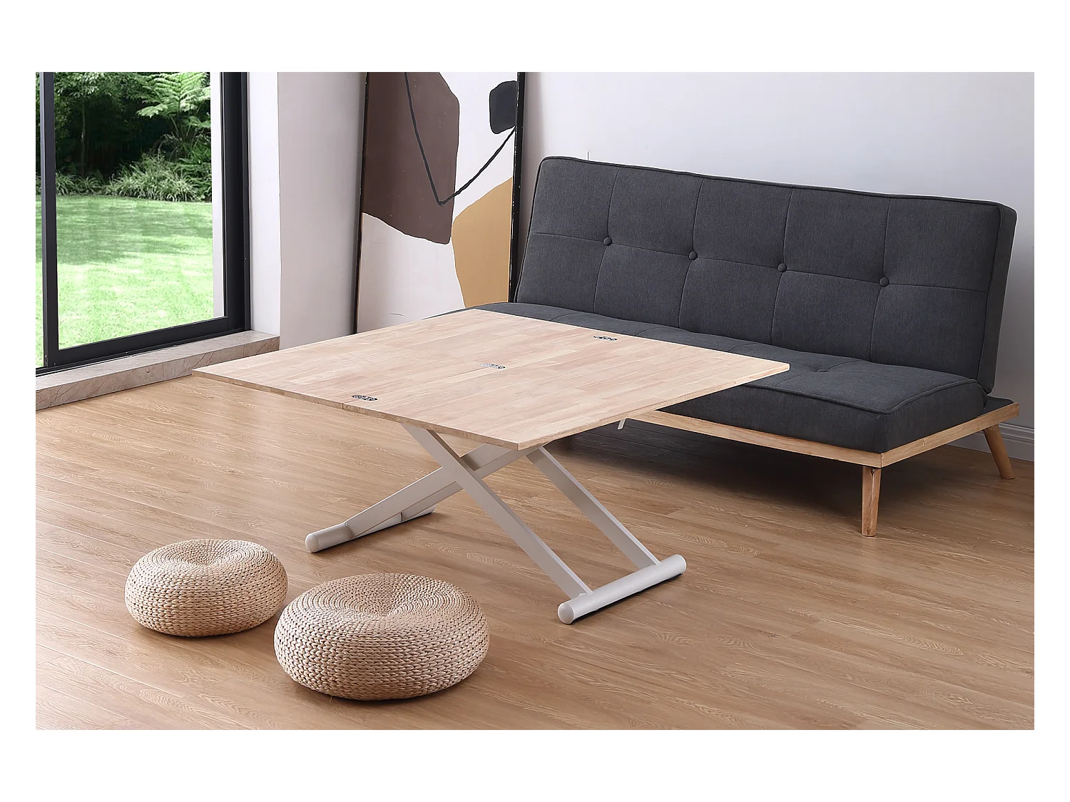 Table basse relevable extensible en bois et métal coloris chêne nordique blanc - longueur 110-114 x profondeur 57 x hauteur 49-76 cm