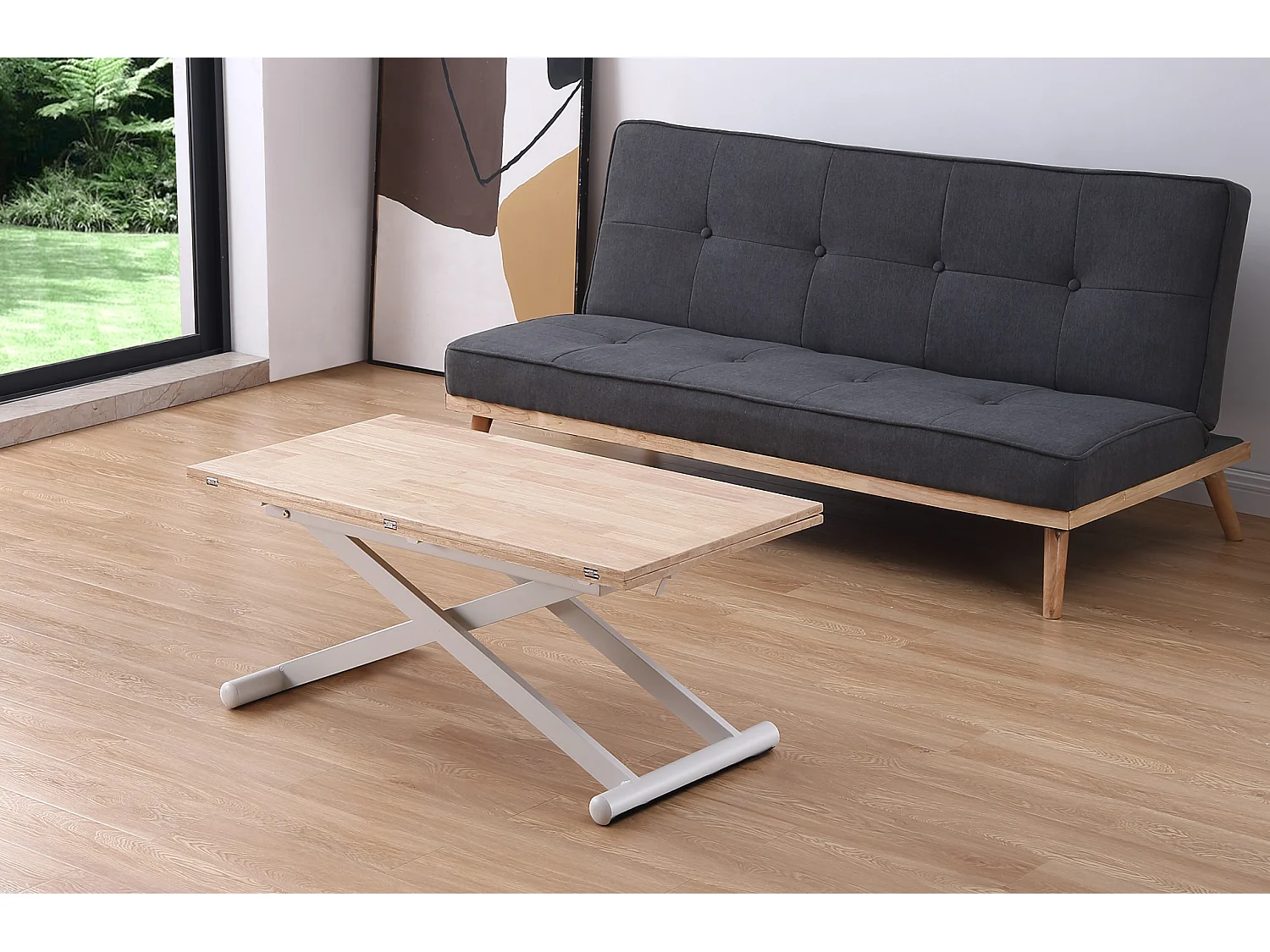 Table basse relevable extensible en bois et métal coloris chêne nordique blanc - longueur 110-114 x profondeur 57 x hauteur 49-76 cm