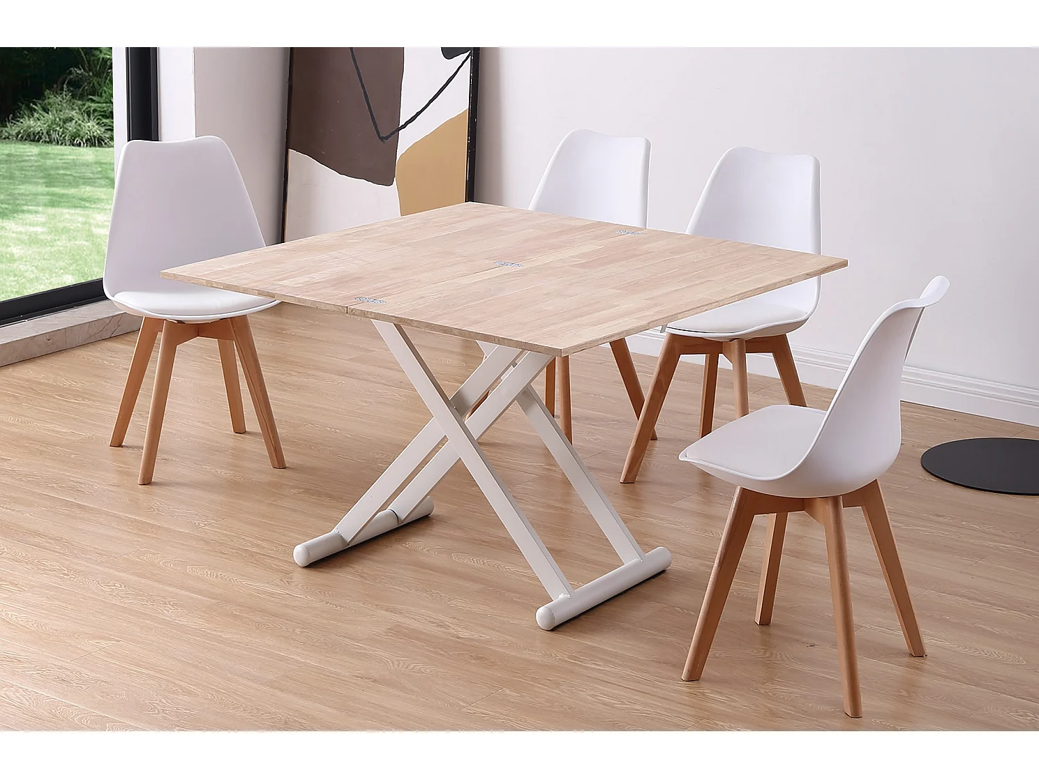 Table basse relevable extensible en bois et métal coloris chêne nordique blanc - longueur 110-114 x profondeur 57 x hauteur 49-76 cm