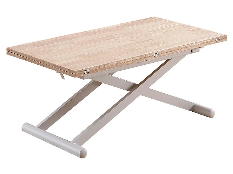 Table basse relevable extensible en bois et métal coloris chêne nordique blanc - longueur 110-114 x profondeur 57 x hauteur 49-76 cm