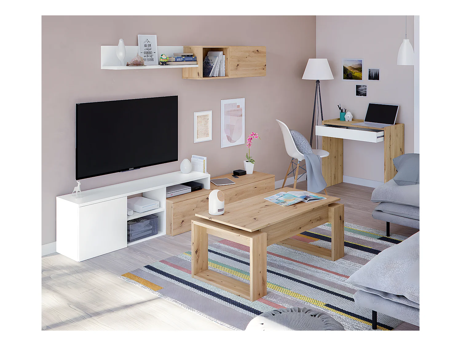 Table basse modulable en mélamine coloris chêne - Hauteur 45 x Longueur 105 x Profondeur 55 cm