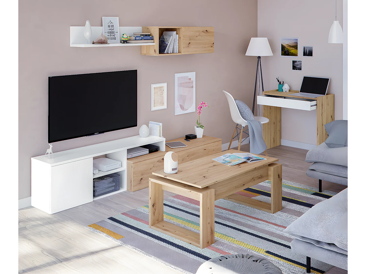 Table basse modulable en mélamine coloris chêne - Hauteur 45 x Longueur 105 x Profondeur 55 cm