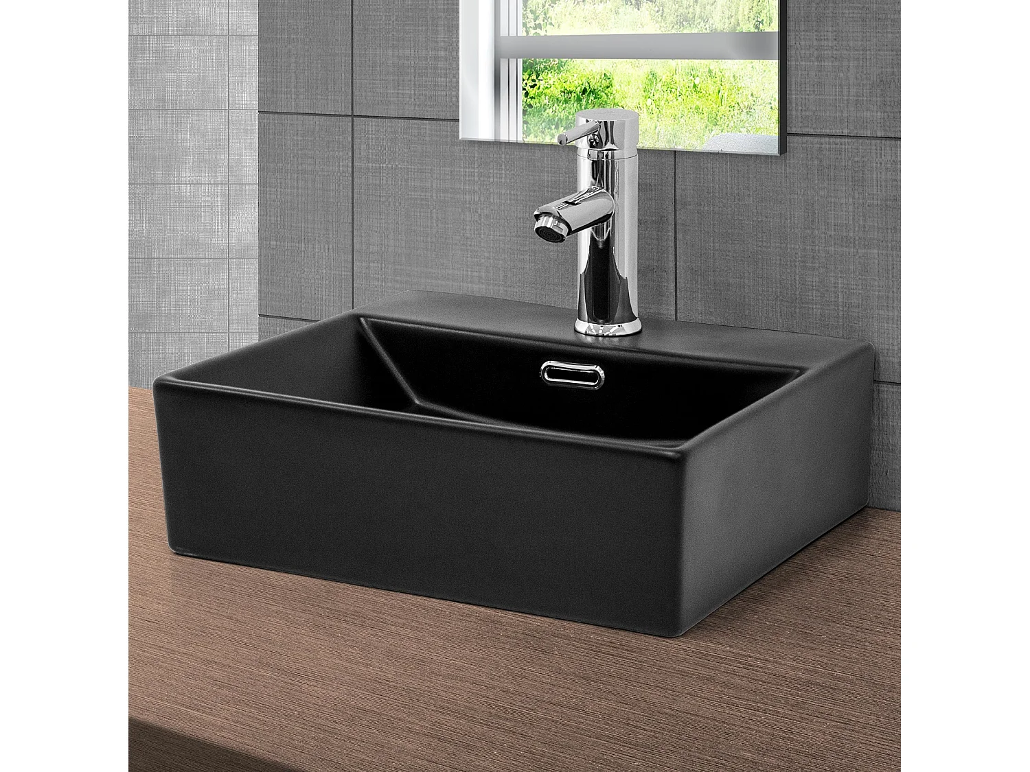 Lavabo á poser céramique noir trop-plein et garniture de vidage 415x365x130 mm