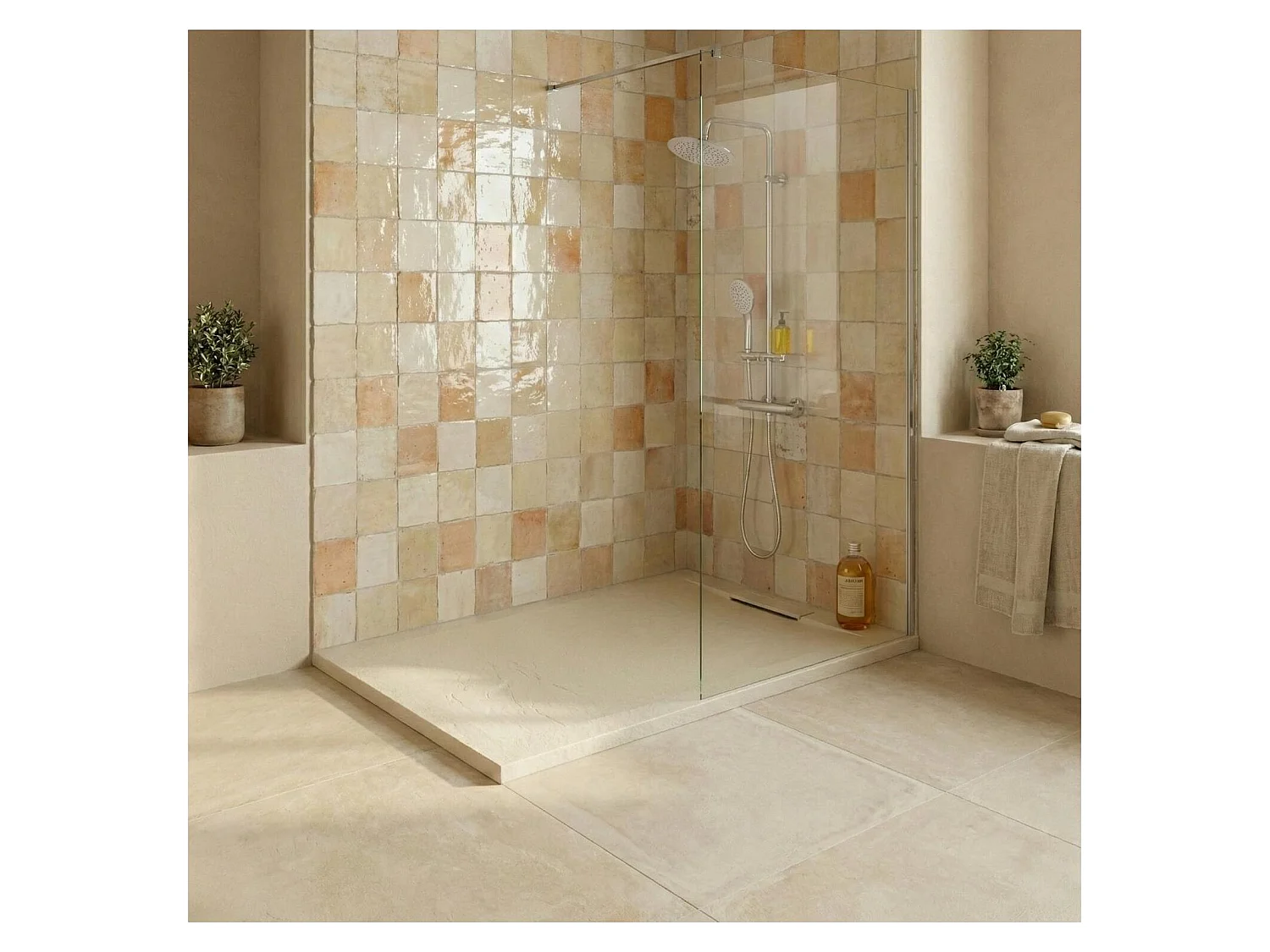 ONA extra vlakke douchebak met zandkleurige leisteenlook 100x80