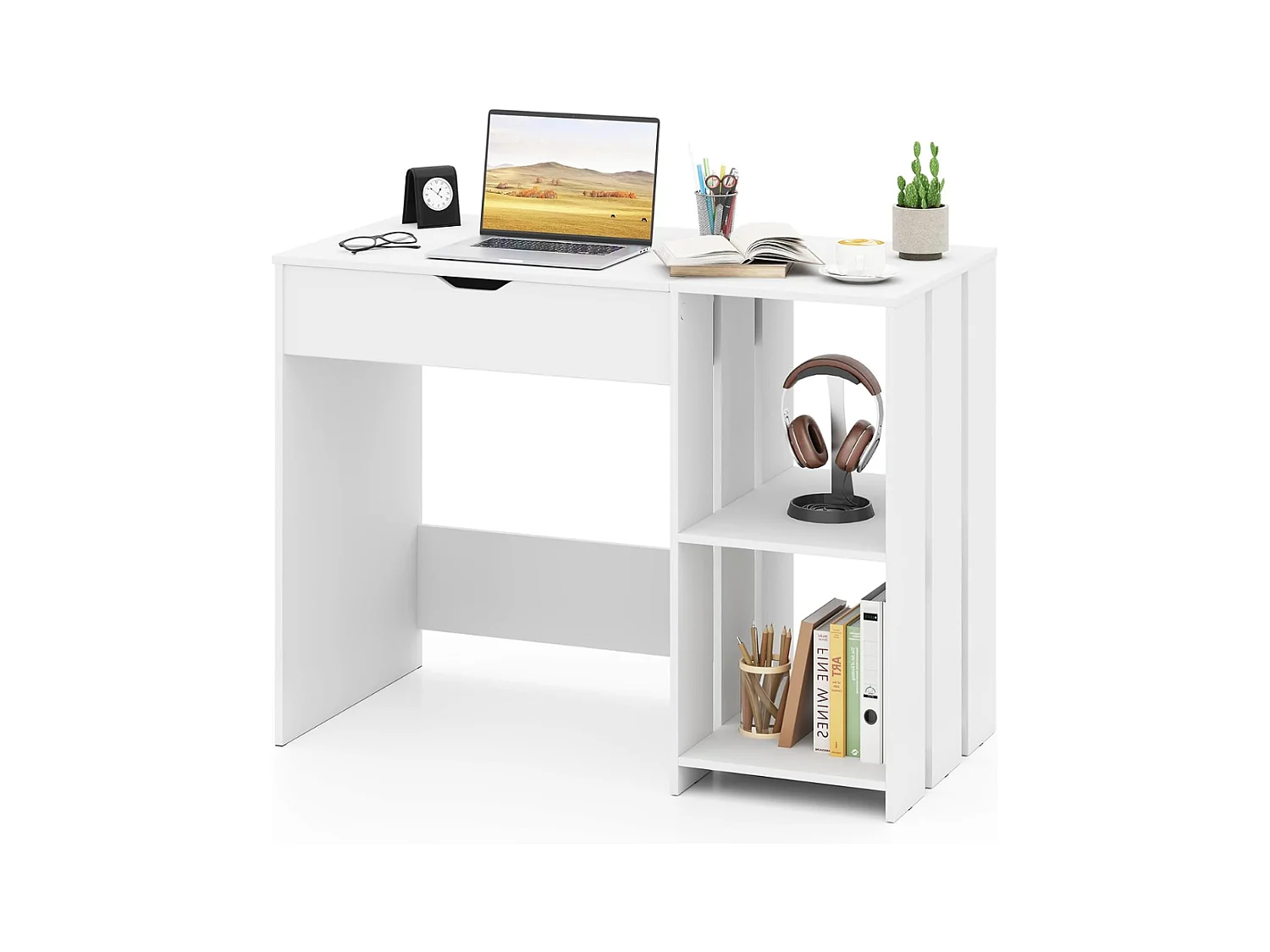 Scrivania per computer con piano sollevabile, Scrivania moderna per laptop con scomparto nascosto e 2 ripiani aperto Bianco