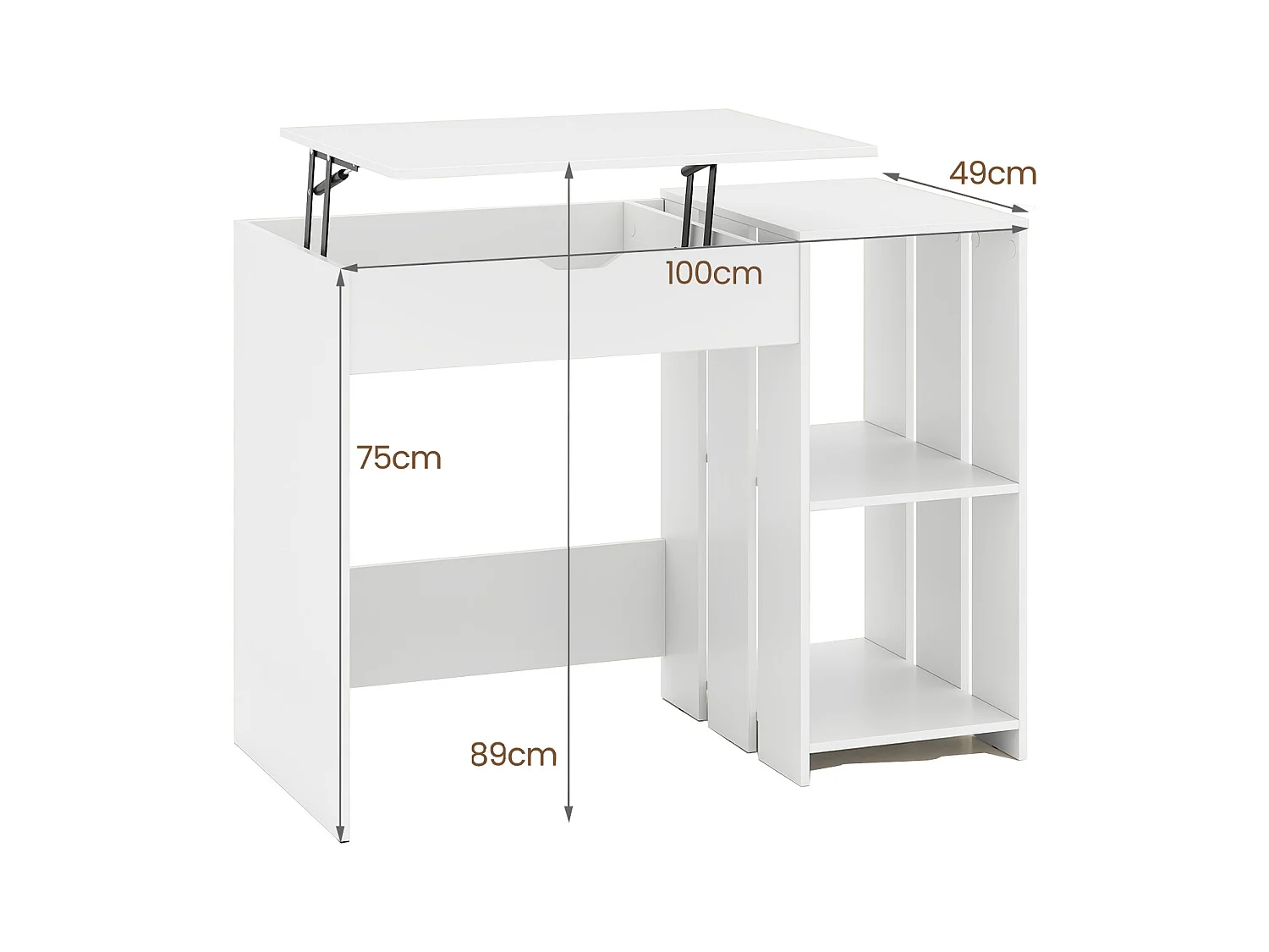 Scrivania per computer con piano sollevabile, Scrivania moderna per laptop con scomparto nascosto e 2 ripiani aperto Bianco