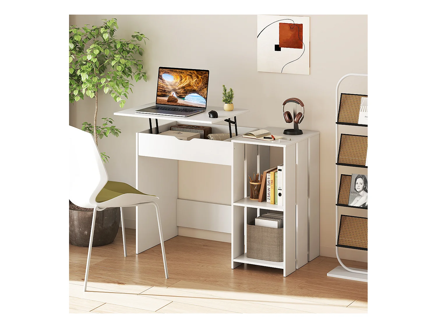 Scrivania per computer con piano sollevabile, Scrivania moderna per laptop con scomparto nascosto e 2 ripiani aperto Bianco