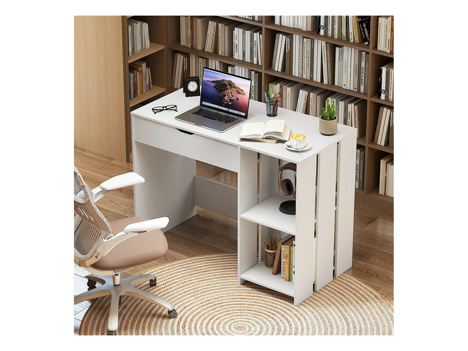 Scrivania per computer con piano sollevabile, Scrivania moderna per laptop con scomparto nascosto e 2 ripiani aperto Bianco