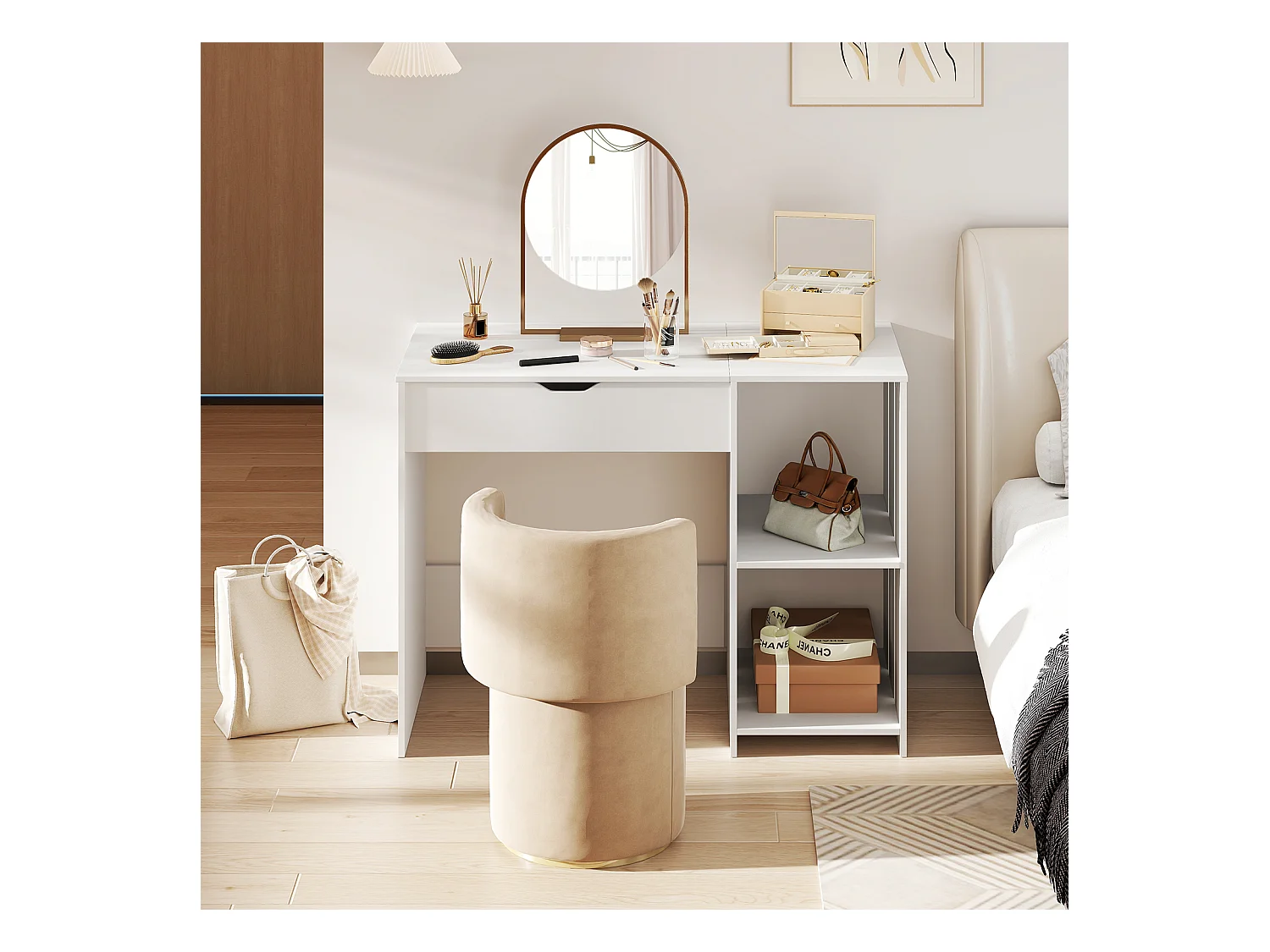 Scrivania per computer con piano sollevabile, Scrivania moderna per laptop con scomparto nascosto e 2 ripiani aperto Bianco