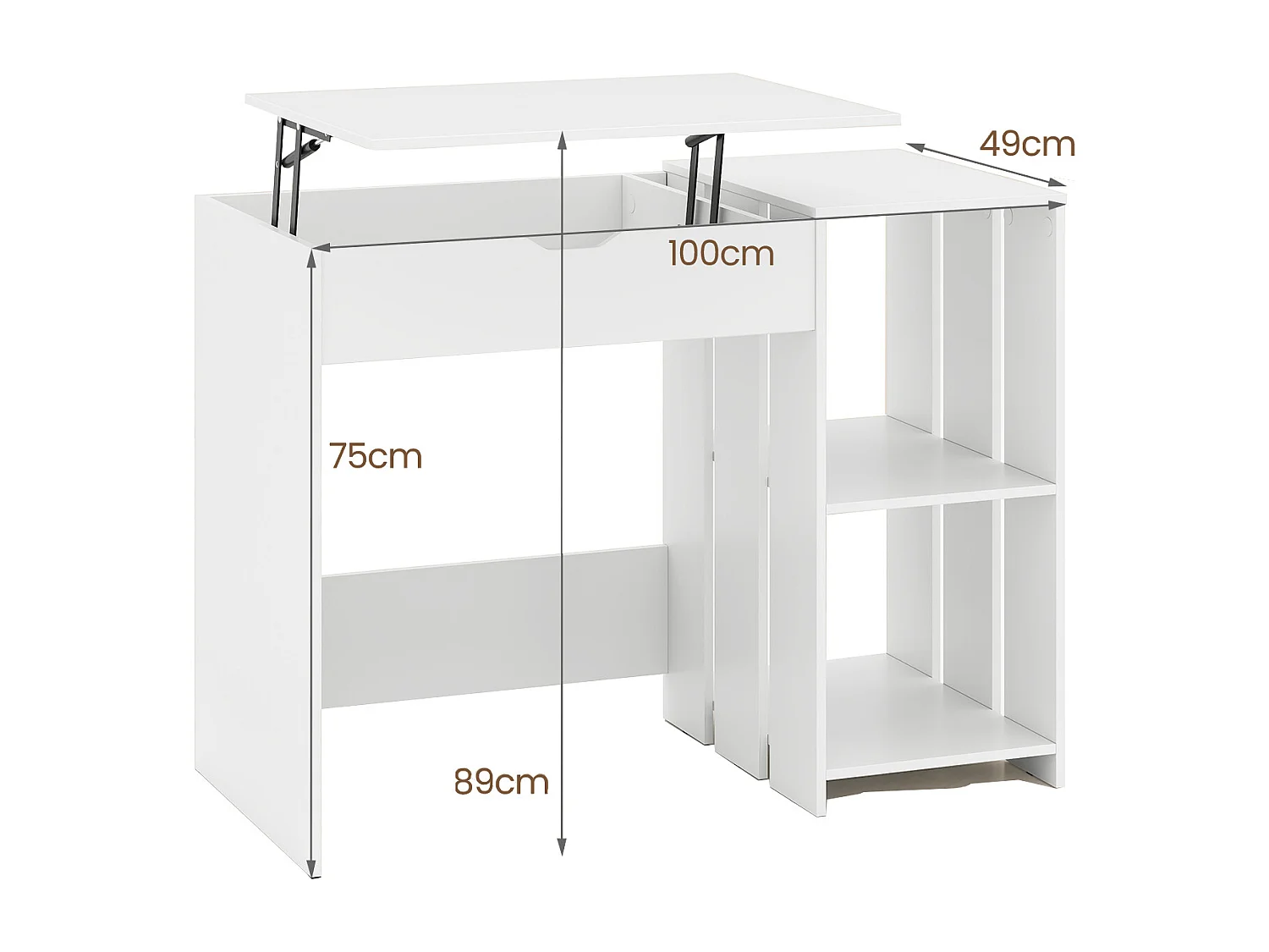 Bureau Informatique avec Plateau Relevable Bureau Portable avec Compartiment Caché et 2 Étagères de Rangement Ouvertes Blanc